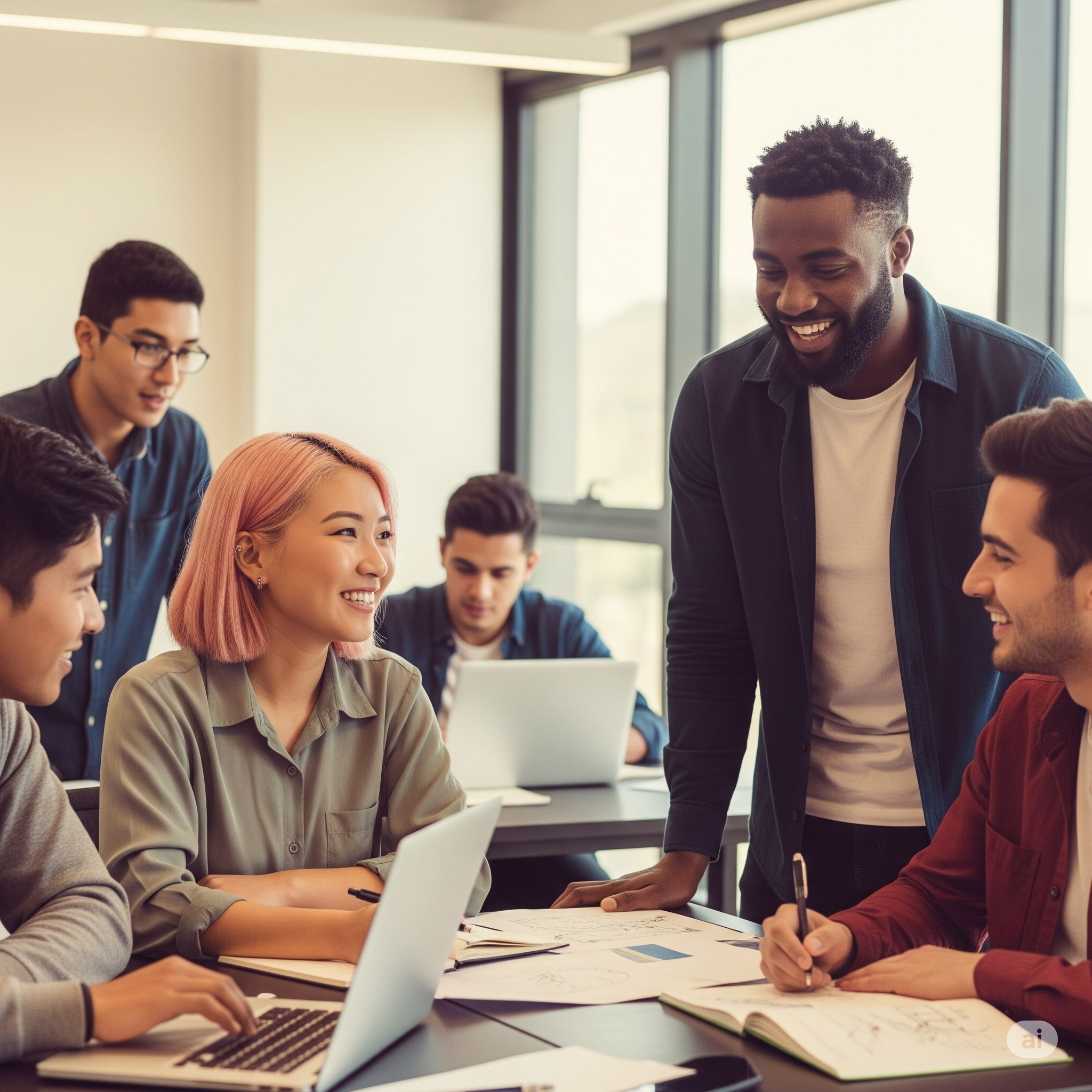 Diverse group of students collaborating with an instructor in a bright, modern classroom setting.